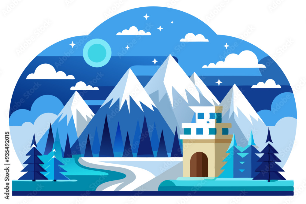 Snowy Mountain Landscape with a Cabin and a Winding River at Night Snowy Mountain Landscape with a Cabin and a Winding River at Night