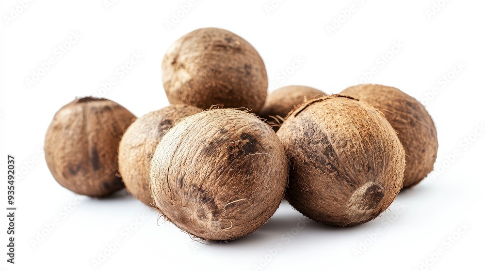 A group of six whole coconuts on a white background. A group of six whole coconuts on a white background.