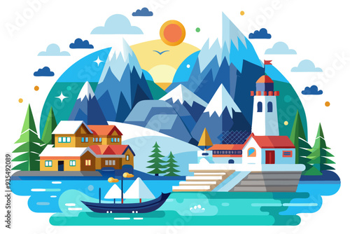 A Coastal Village with a Lighthouse and a Mountainous Background
