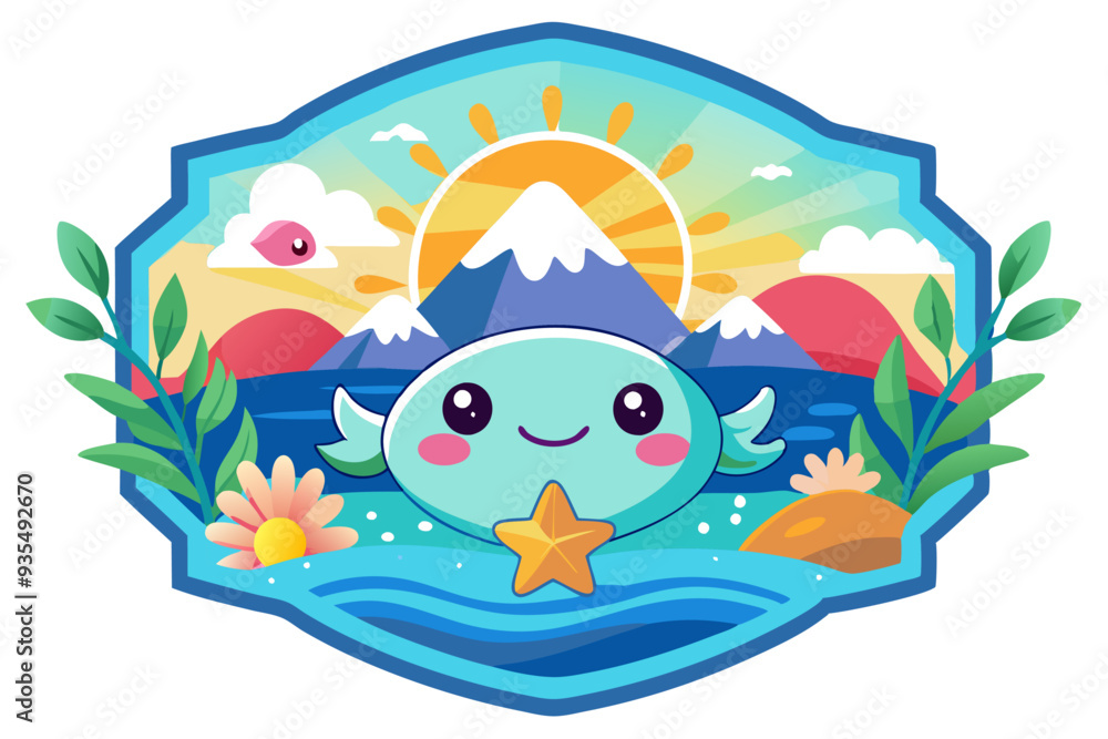 Naklejka premium Cute Cartoon Whale with Starfish in Front of a Mountain Landscape and Sun