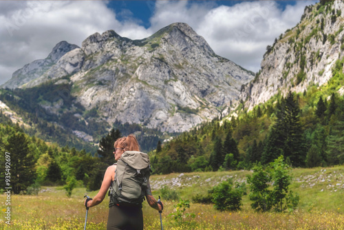 Obraz na płótnie Female Walking in Flowering Alpine Mountain Valley w salonie