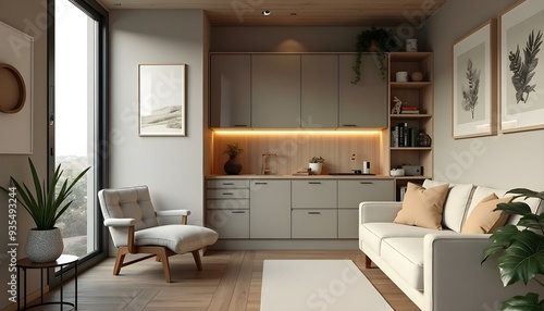 A small room in an apartment, featuring a combined kitchen and living area, designed for efficient use of space and comfort.