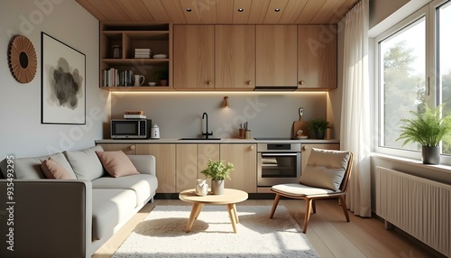 A small, cozy kitchen and living area in a studio apartment, combining comfort and functionality in a compact space.
