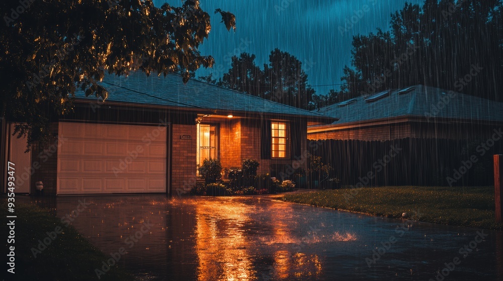 A house with a garage and driveway in the rain, AI A house with a garage and driveway in the rain, AI
