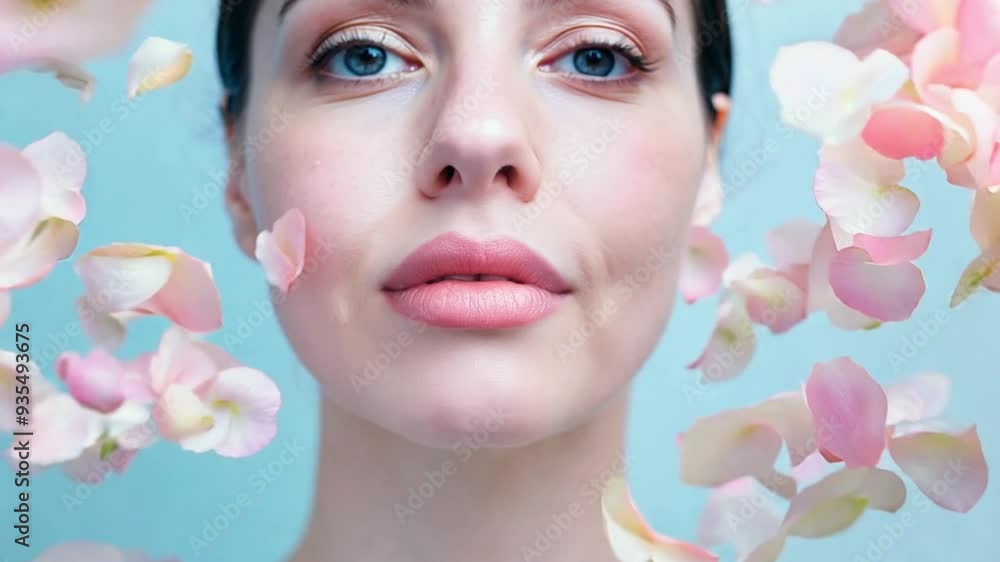 Close-up face with falling pink rose petals, serene beauty concept. Close-up face with falling pink rose petals, serene beauty concept.