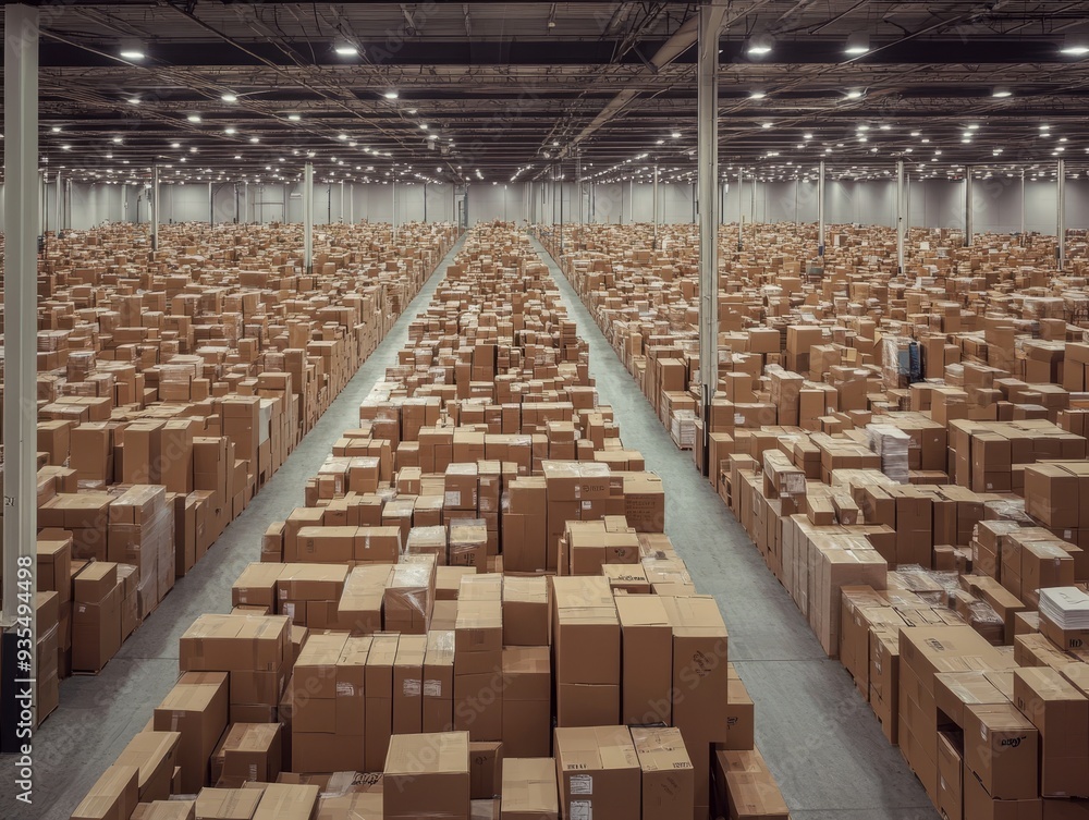 Fototapeta premium Photograph of a vast warehouse brimming with cardboard boxes showcasing industrial storage
