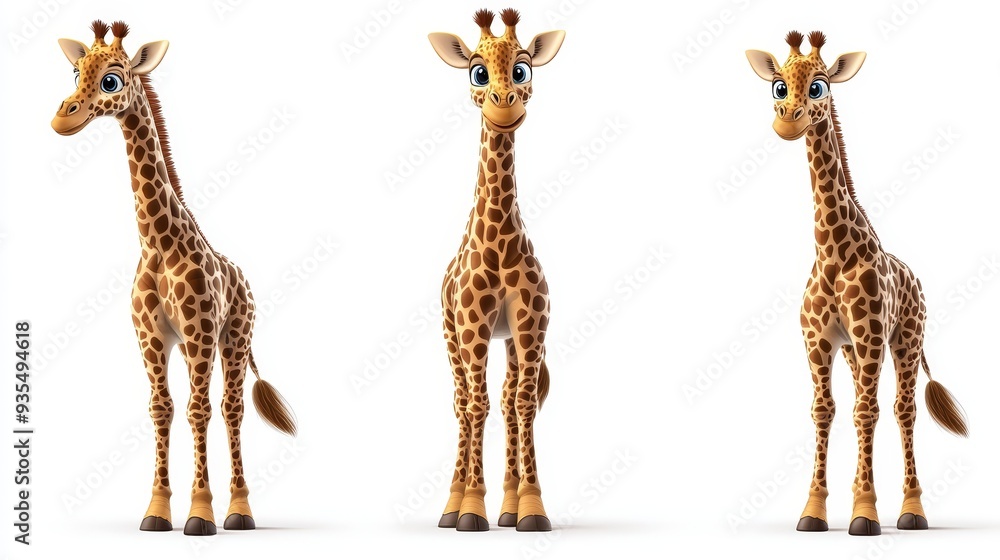 Obraz premium Cute Cartoon Giraffe Poses White Background 3D Rendering