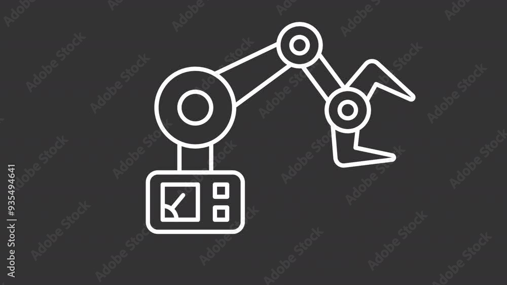 Machinery white line animation. Animated robotic arm icon. Manufacturing robotics. Precision equipment. Isolated illustration on dark background. Transition alpha video. Motion graphic Machinery white line animation. Animated robotic arm icon. Manufacturing robotics. Precision equipment. Isolated illustration on dark background. Transition alpha video. Motion graphic