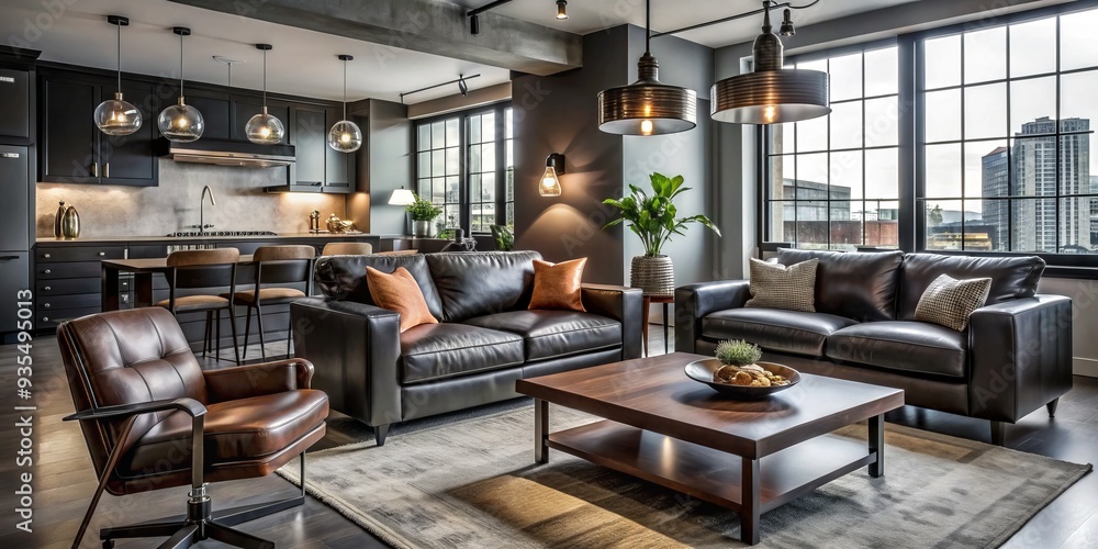 Sophisticated Monochromatic Bachelor Pad with Dark Leathers, Metallic ...
