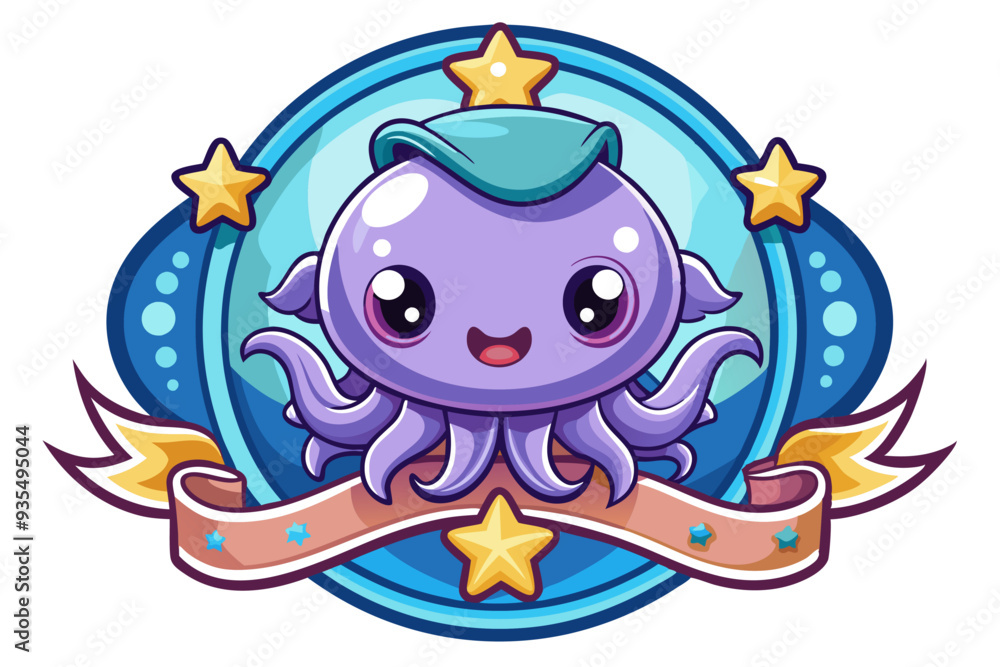 Naklejka premium Cute Purple Octopus with Stars in a Blue Circular Frame