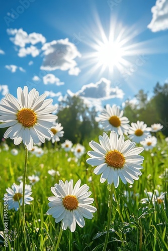 Bright Sunny Day with Blooming Daisies in a Green Meadow Under a Clear Blue Sky