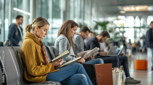 Passengers in an airport terminal are engaged in reading and working on laptops while waiting for their flights to board