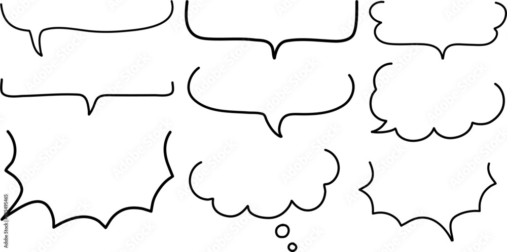 Vector set of hand-drawn speech bubbles in various shapes and styles, perfect for comics, dialogue design, creative projects, and visual communication elements in graphic design Vector set of hand-drawn speech bubbles in various shapes and styles, perfect for comics, dialogue design, creative projects, and visual communication elements in graphic design