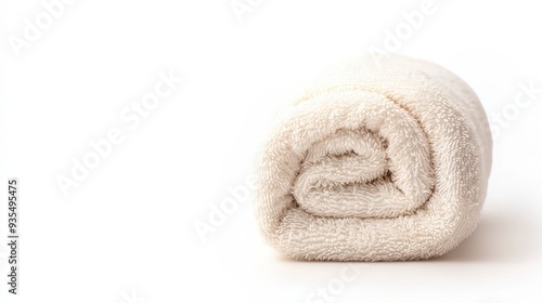 A neatly rolled, cream-colored towel isolated on a white background.
