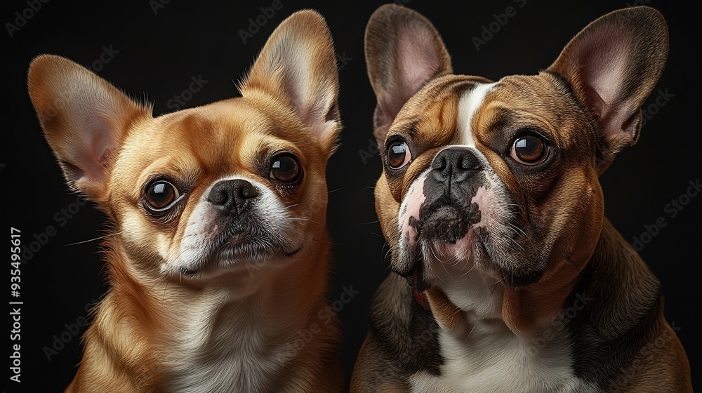 chihuahua mix and a bulldog wide angle shot on an isolated background : Generative AI chihuahua mix and a bulldog wide angle shot on an isolated background : Generative AI