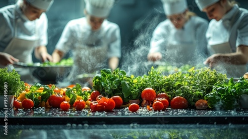 Fresh Vegetables and Chefs in a Restaurant Kitchen