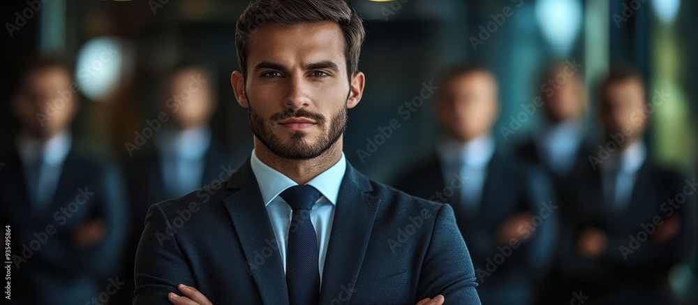 Confident Businessman in Suit Standing with Arms Crossed in Modern Office with Colleagues in Background Confident Businessman in Suit Standing with Arms Crossed in Modern Office with Colleagues in Background