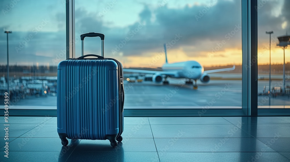 Blue Suitcase in Airport Terminal at Sunset. Blue suitcase stands in an airport terminal with an airplane in the background, set against a beautiful sunset sky. Blue Suitcase in Airport Terminal at Sunset. Blue suitcase stands in an airport terminal with an airplane in the background, set against a beautiful sunset sky.