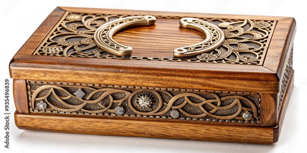 Fototapeta premium delicate filigree horseshoe pattern on intricate wooden jewelry box