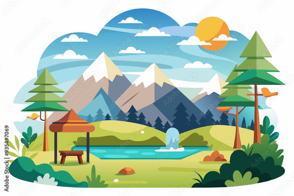 Fototapeta premium A Relaxing Lakeside Picnic Spot in a Mountainous Forest
