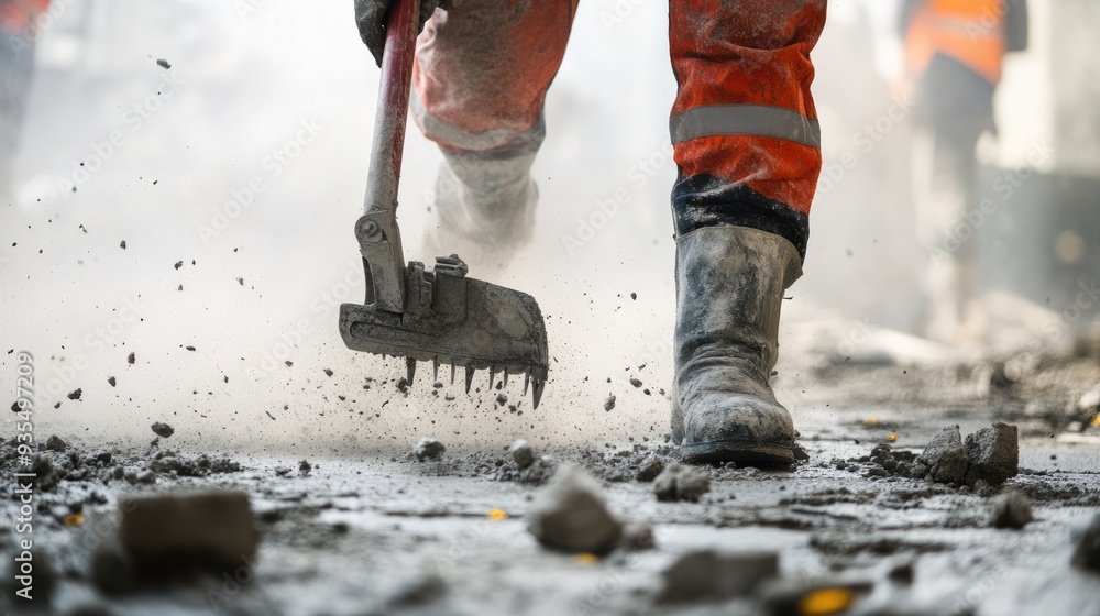 Construction Worker Breaking Concrete With a Tool Construction Worker Breaking Concrete With a Tool