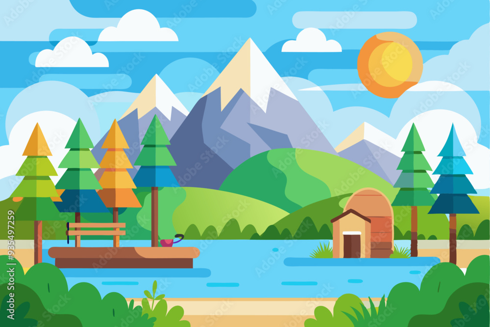 Naklejka premium Tranquil Lakeside Cabin with Mountain View and Sunny Sky