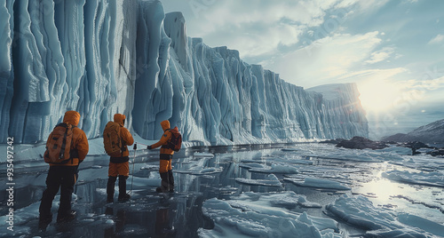 A group of scientists measuring the receding edges of a glacier, documenting the effects of climate change high sharpness. Generative AI. photo