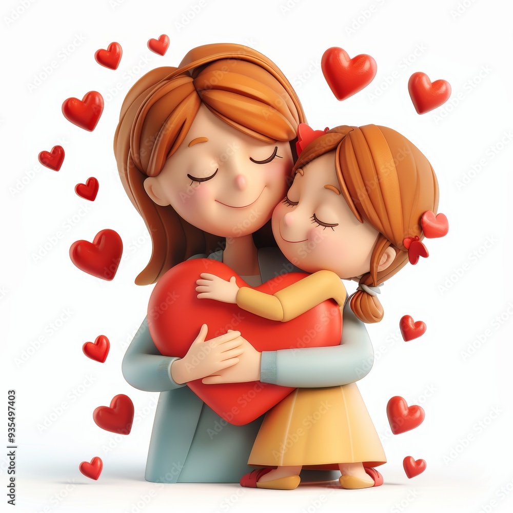 Cartoon 3D mother and child hugging with a heart background Isolated white background Cartoon 3D mother and child hugging with a heart background Isolated white background