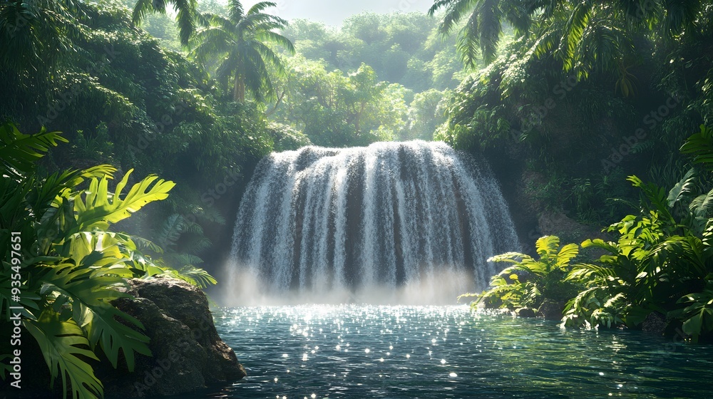 77. Detailed 3D representation of a serene tropical waterfall with lush vegetation and sparkling water, set against a pristine background 77. Detailed 3D representation of a serene tropical waterfall with lush vegetation and sparkling water, set against a pristine background