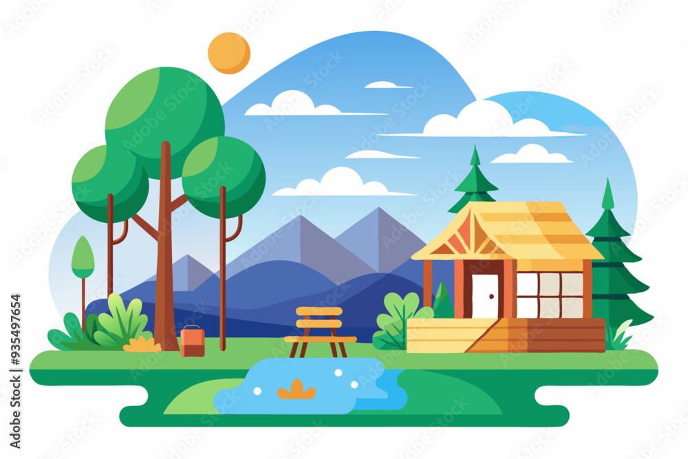 Fototapeta premium Cabin in the Woods with a Mountain View and a Small Pond