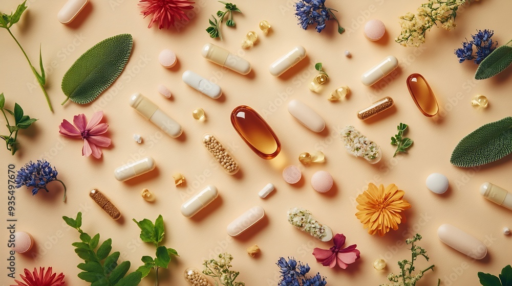 Different pills and herbs on pale orange background flat lay Dietary supplements : Generative AI Different pills and herbs on pale orange background flat lay Dietary supplements : Generative AI