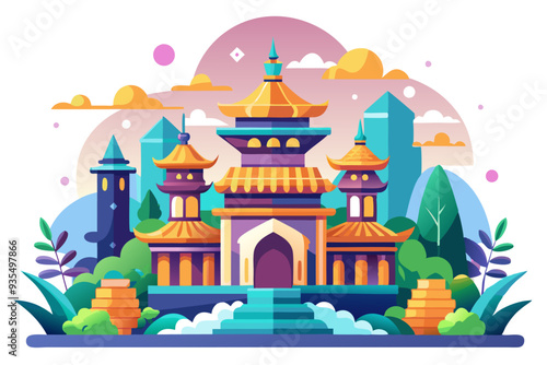 Colorful Asian-Inspired Temple with Surrounding Landscape