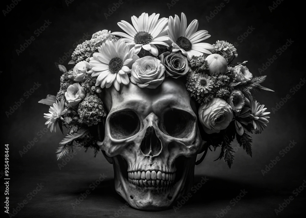 Morbid beauty of a flower-adorned skull in low-key monochrome Morbid beauty of a flower-adorned skull in low-key monochrome