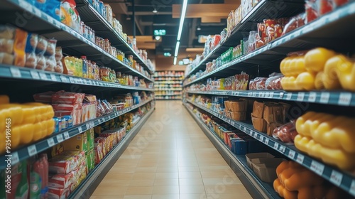 Wide Angle View of a Modern Supermarket Aisle with Various Groceries and Products on Shelves