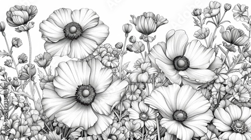 Fototapeta Naklejka Na Ścianę i Meble -  Take a break and immerse yourself in the world of flowers with this charming coloring book. Each page features a beautiful flower illustration, ready for your artistic flair.
