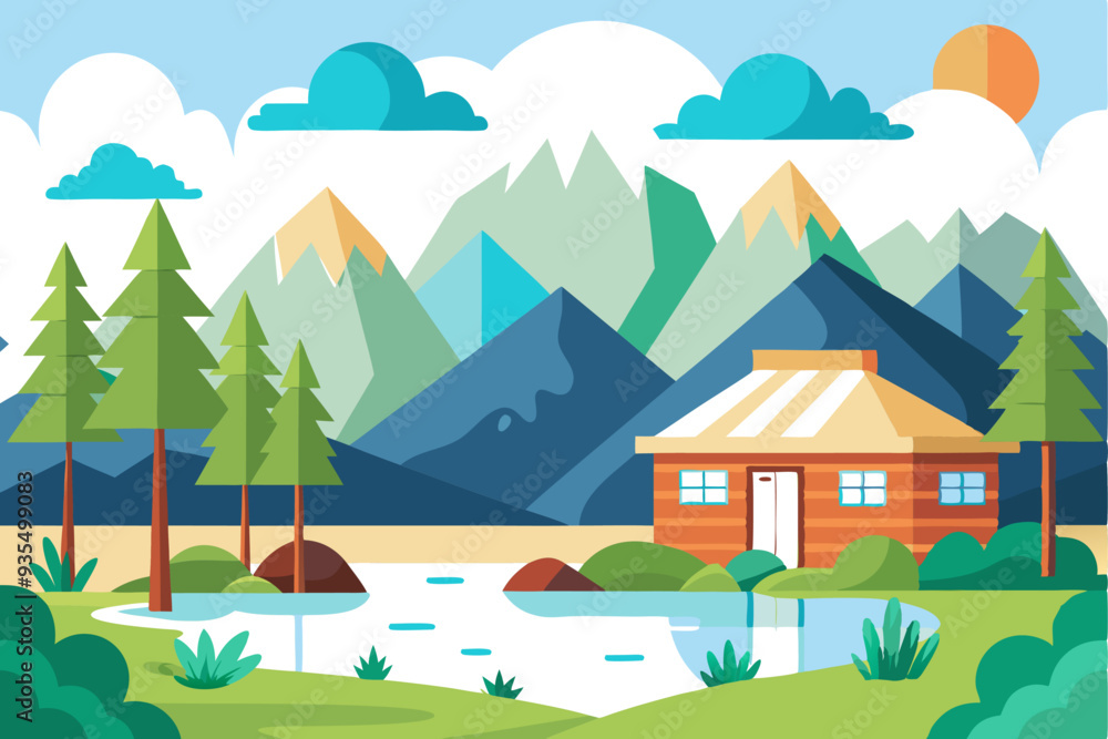 Naklejka premium Cabin in a Mountain Landscape with a Pond