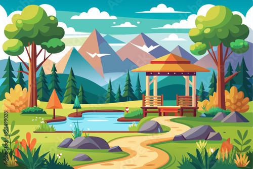 Serene Mountain Park with Gazebo and Winding Path