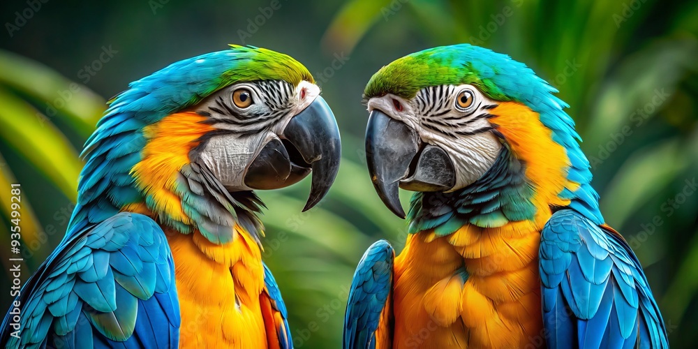 Fototapeta premium Vibrant cyan and gold macaws collide, their beautiful, contrasting plumage shimmering with realistic texture, as if plucked straight from the tropical rainforest.