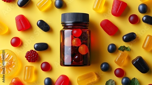 chewable supplements nutritional gummies edible health concept colorful marmalades and bottle for your mock up or design copy space square : Generative AI