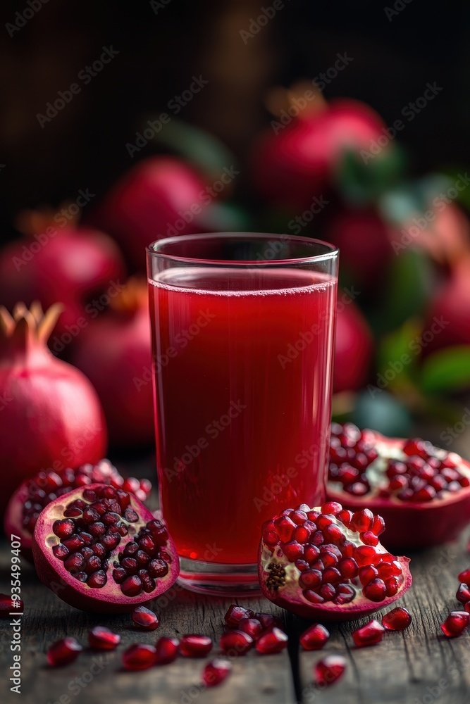 Fresh Pomegranate Juice in a Glass Surrounded by Whole and Halved Pomegranates on a Rustic Wooden Table Fresh Pomegranate Juice in a Glass Surrounded by Whole and Halved Pomegranates on a Rustic Wooden Table