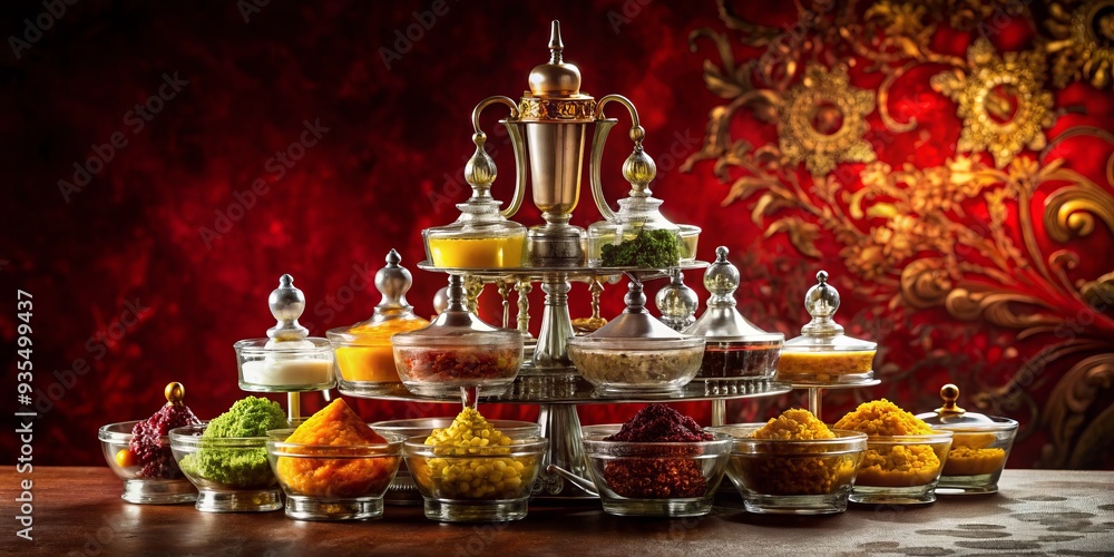 Gourmet condiments presented in ornate antique crystal condiment stand against rich burgundy velvet background with dramatic sidelighting and regal ambiance Gourmet condiments presented in ornate antique crystal condiment stand against rich burgundy velvet background with dramatic sidelighting and regal ambiance