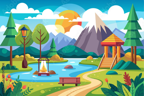 Serene Mountain Park with Winding River and Cozy Gazebo