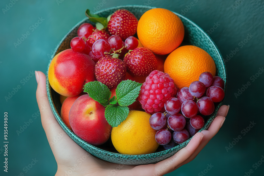 A hand reaching for a fruit bowl, isolated on a pastel green background, representing the habit of choosing healthy snacks, A hand reaching for a fruit bowl, isolated on a pastel green background, representing the habit of choosing healthy snacks,
