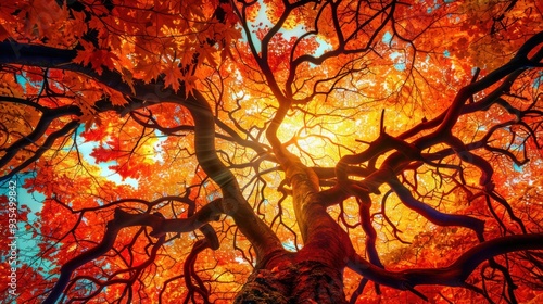 a tree with a canopy of autumn leaves in full, fiery colors.