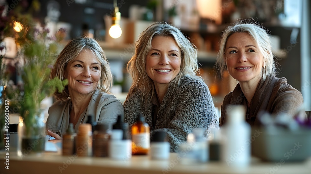 Three happy mature women testing beauty products while sitting at the desk together : Generative AI Three happy mature women testing beauty products while sitting at the desk together : Generative AI