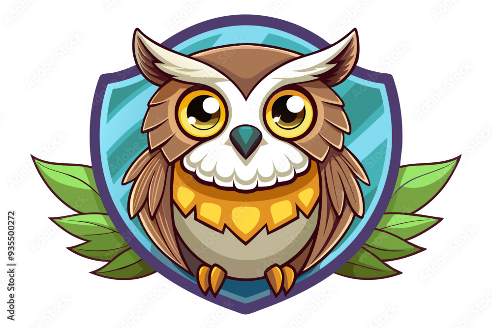 Obraz premium Cartoon Owl Inside Blue Shield with Green Leaves