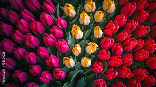 Drone photo of a beautiful flower landscape with tulips in the Dutch spring The contrasting colors will make you happySuper beautiful scenery : Generative AI