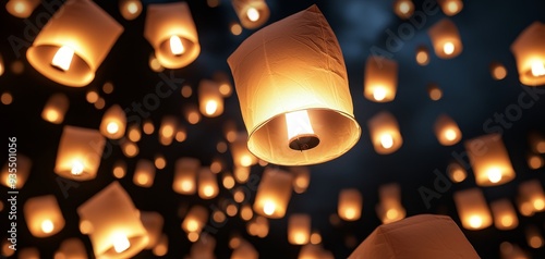 A festival of floating lanterns, with hundreds of glowing orbs released into the night sky. photo