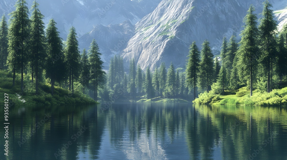 75. 3D depiction of a serene mountain lake with surrounding evergreen trees and clear reflections, set against a smooth background 75. 3D depiction of a serene mountain lake with surrounding evergreen trees and clear reflections, set against a smooth background