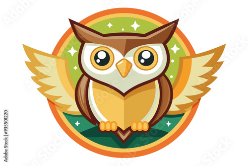 Cartoon Owl with Spread Wings Inside Circular Frame
